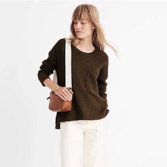 Madewell Thompson Pocket Pullover Sweater Dark Olive Green Oversized Ribbed M - Picture 1 of 11